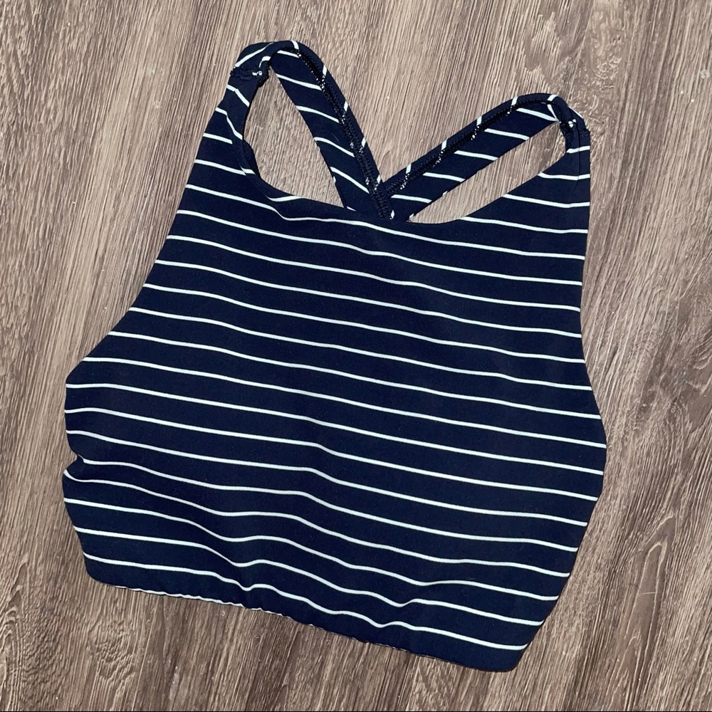 Athleta Mudra High-Neck Striped Longline Sports Bra Navy - XS